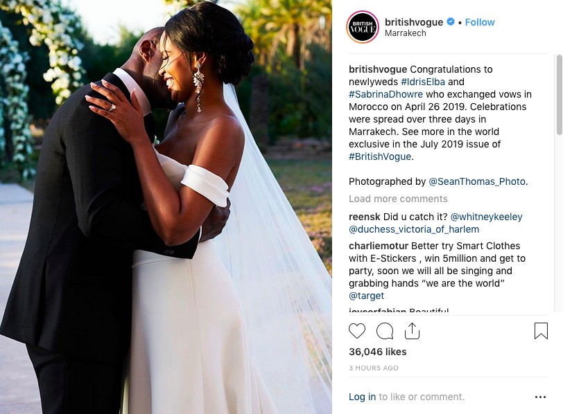 A foto do casamento de Idris Elba com a modelo Sabrina Dhowre (Foto: Instagram)