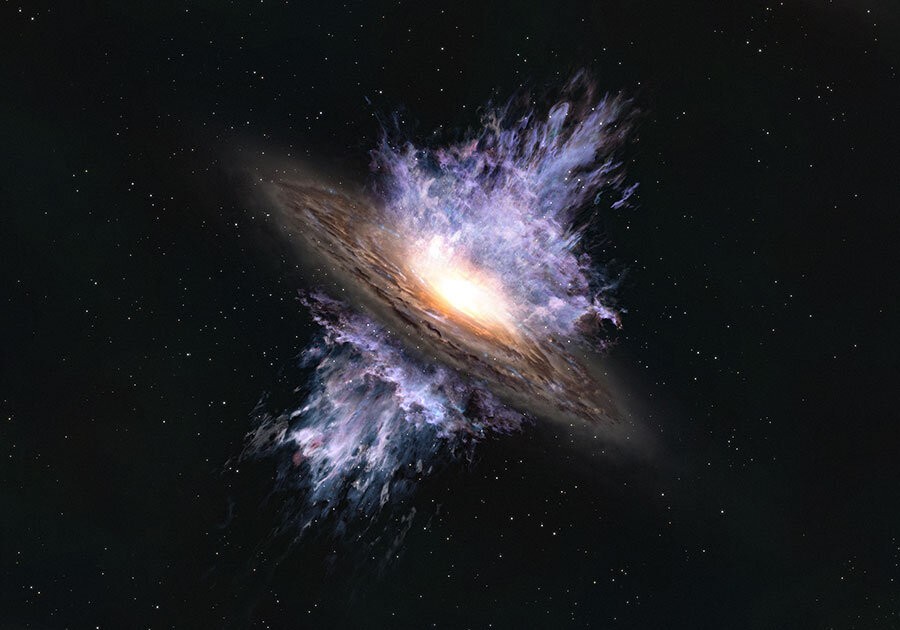 Representação artística de uma tempestade de ventos galáticos provocada pela atividade de um buraco negro supermassivo (Foto: ALMA (ESO/NAOJ/NRAO))