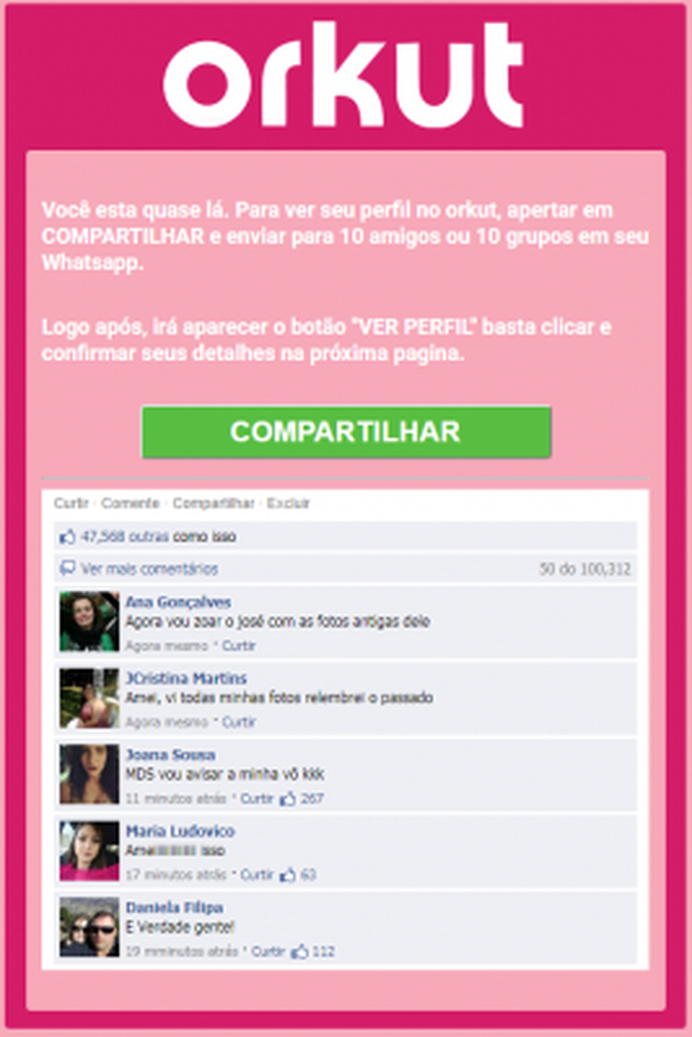 Golpe promete acessar Orkut se espalha pelo WhatsApp.  (Foto: Divulgação/PSafe)