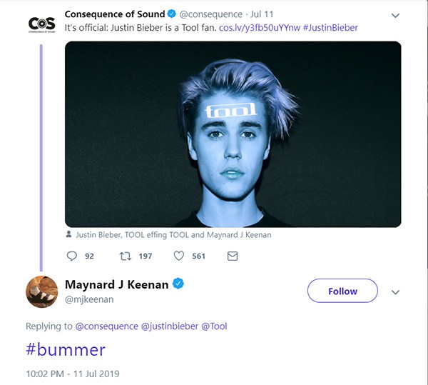 Comentário de Maynard James Keenan, da banda Tool, em post sobre Justin Bieber ser seu fã (Foto: Twitter)