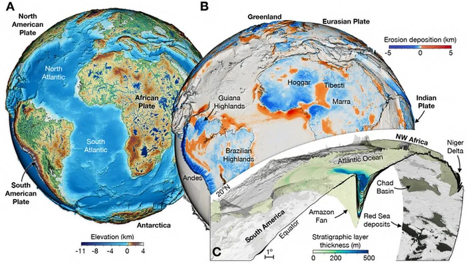 Imagem do modelo criado pelos cientistas que revelam a evolução da paisagem nos últimos 100 milhões de anos