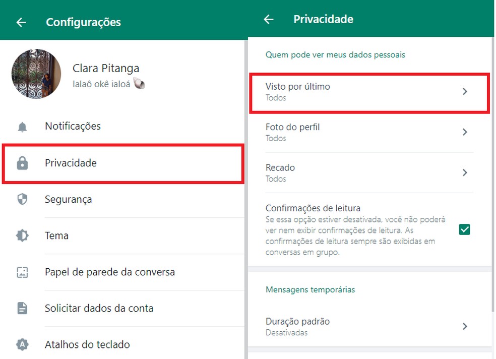 Acesse as configurações do WhatsApp Web para alterar os ajustes de privacidade — Foto: Reprodução/Clara Fabro