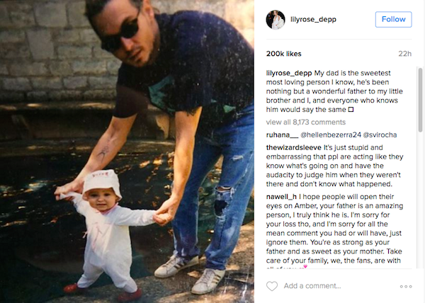 Lily-Rose Depp defende seu pai, o ator Johnny Depp, nas redes sociais (Foto: Instagram)