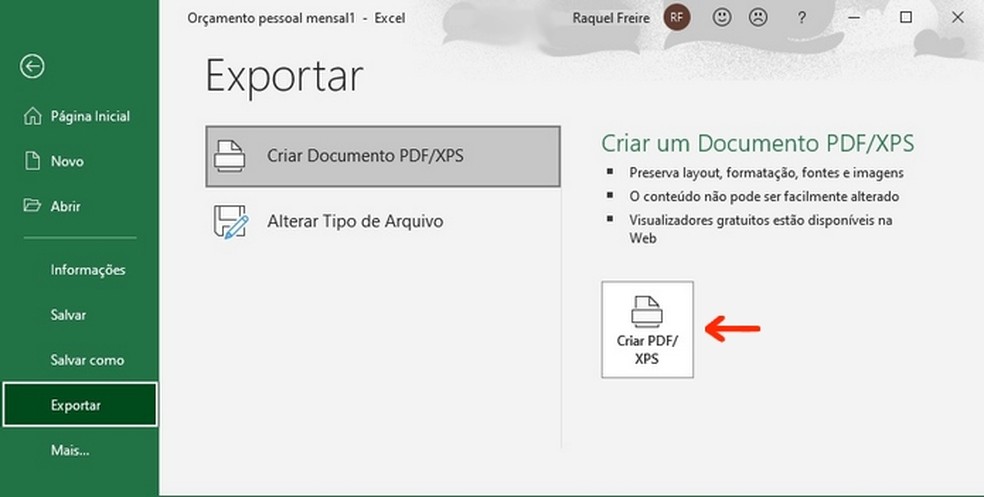 Salvando planilha do Excel como PDF — Foto: Reprodução/Raquel Freire