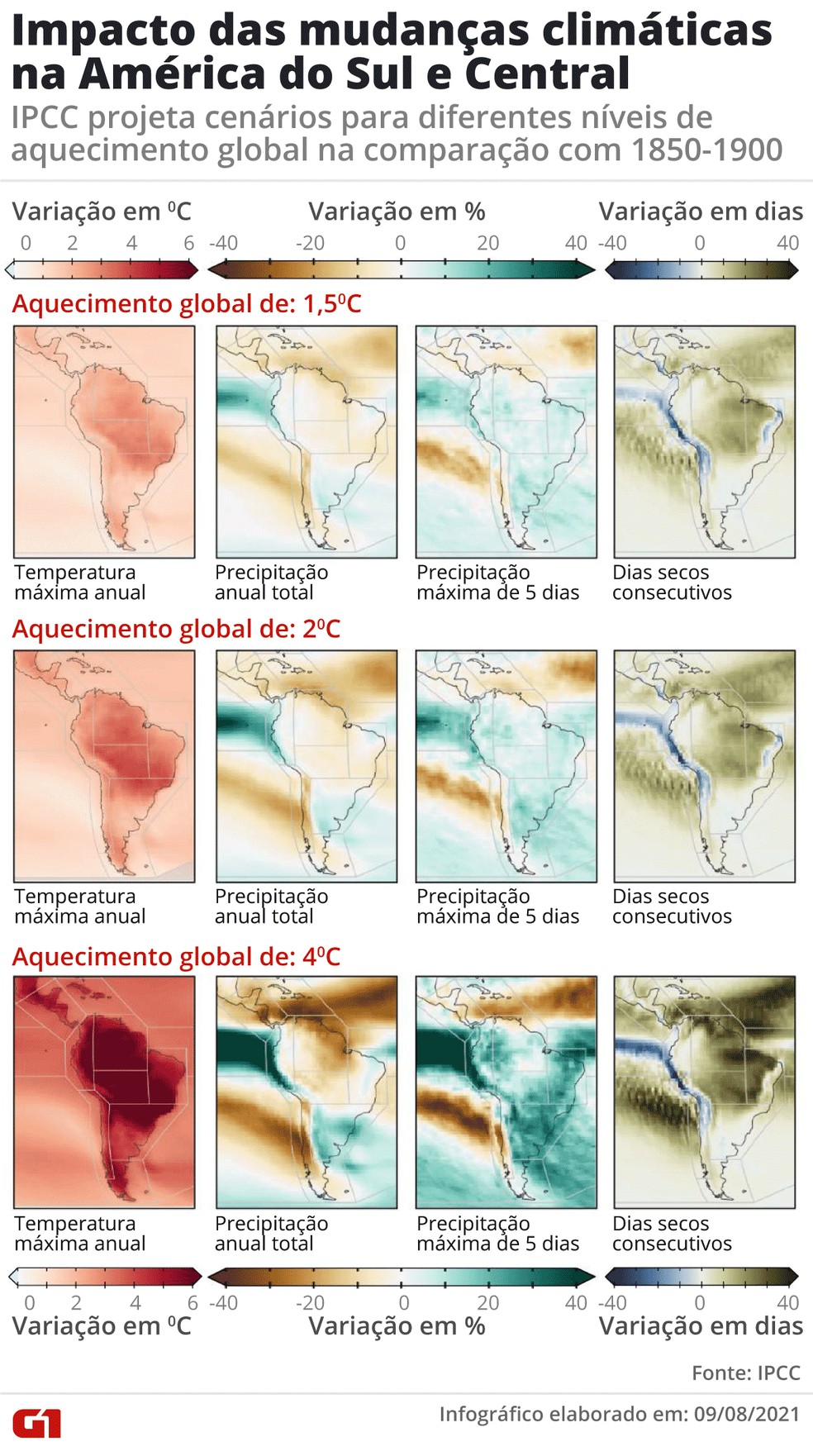 Impacto das mudanças na América do Sul: as projeções do IPCC — Foto: Editoria de Arte/G1