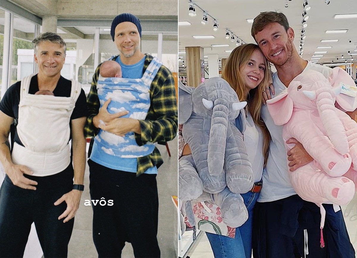 Isa Scherer mostra pai, Fernando Scherer, o Xuxa (dir), e o sogro com os gêmeos que ela tem com Rodrigo Calazans (Foto: Reprodução/Instagram)