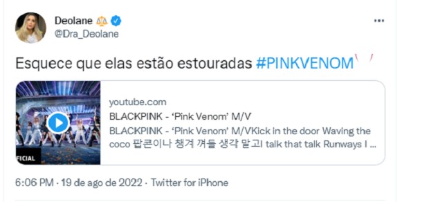 Deolane Bezerra elogia lançamento do BLACKPINK (Foto: Reprodução/Twitter)