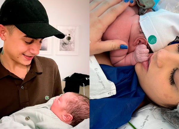 À esquerda, MC Hariel segura filho no colo; à direita, Kaynna Barbosa, companheira do funkeiro, após o parto (Foto: Reprodução/Instagram)