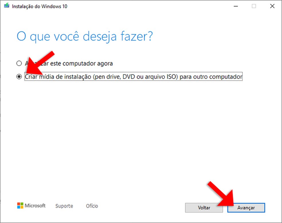 Com a ferramenta de criação de mídia do Windows 10 é possível criar uma mídia de instalação para outro computador — Foto: Reprodução/Rafael Leite