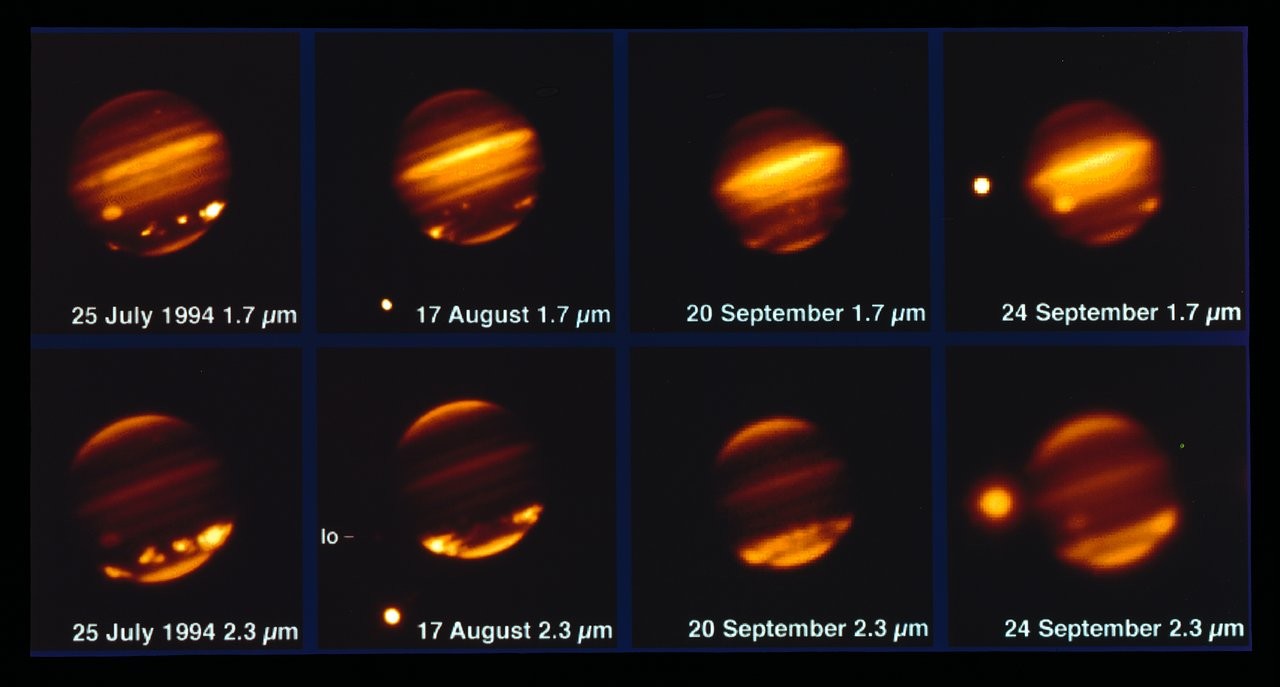 Imagem mostra a aproximação do cometa Shoemaker–Levy 9 com Júpiter e a colisão de julho de 1994 (Foto: Divulgação/ESO)
