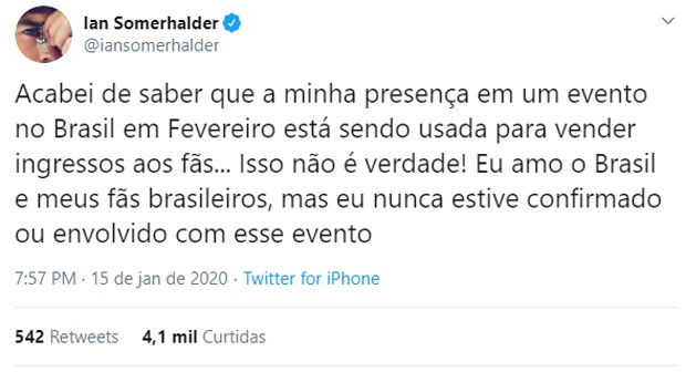 Ian Somerhalder faz post em português para alertar fãs brasileiros sobre golpe (Foto: Reprodução/Twitter)
