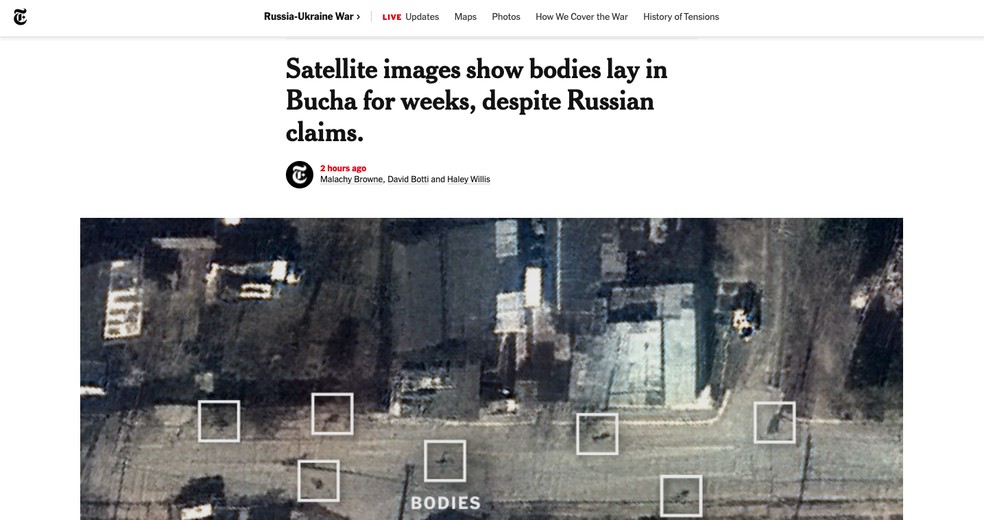 Reprodução da reportagem do 'The New York Times' sobre mortos em Bucha, na Ucrânia — Foto: Reprodução/NYT