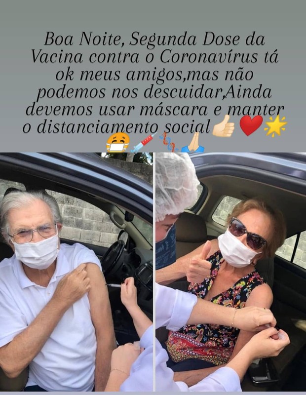 Tarcísio Meira e Glória Menezes recebem segunda dose da vacina contra a Covid-19 (Foto: Reprodução/Instagram)