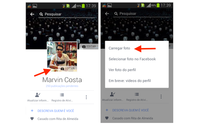 Acessando a tela de upload de foto de perfil do Facebook no Android (Foto: Reprodução/Marvin Costa)