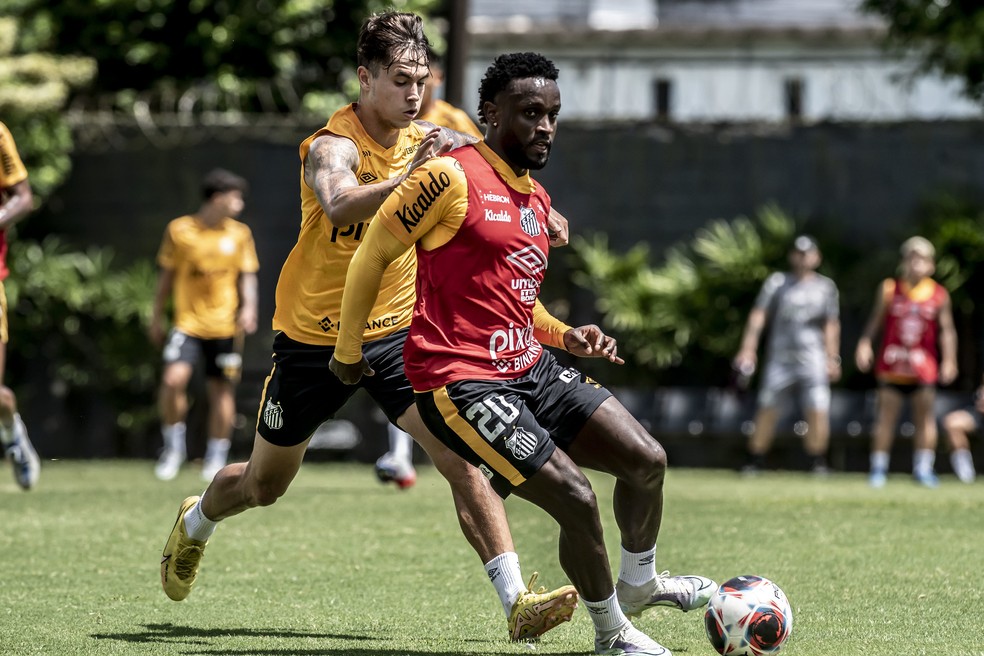 Vinícius Zanocelo e Mendoza durante treino do Santos — Foto: Ivan Storti/Santos FC