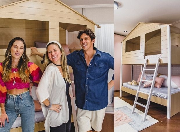 Anny Meisler, responsável pelo projeto, com os pais Tatiana Novais e Rafael Infante no quarto da pequena Lara com cama estilo casinha (Foto: Matheus Pinho / Divulgação)