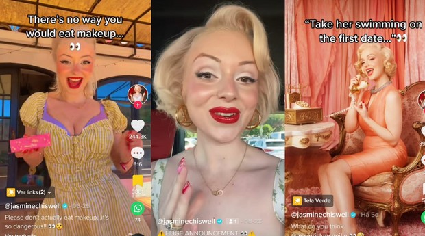 Marilyn Monroe do TikTok: Jasmine Chiswell tem 28 anos, é mãe e tem uma linha de maquiagem pela ColourPop (Foto: Reprodução/TikTok Jasmine Chiswell)