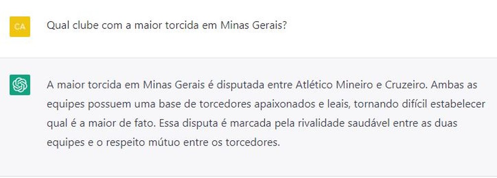 ChatGPT fica em cima do muro sobre a maior torcida de Minas Gerais — Foto: Reprodução