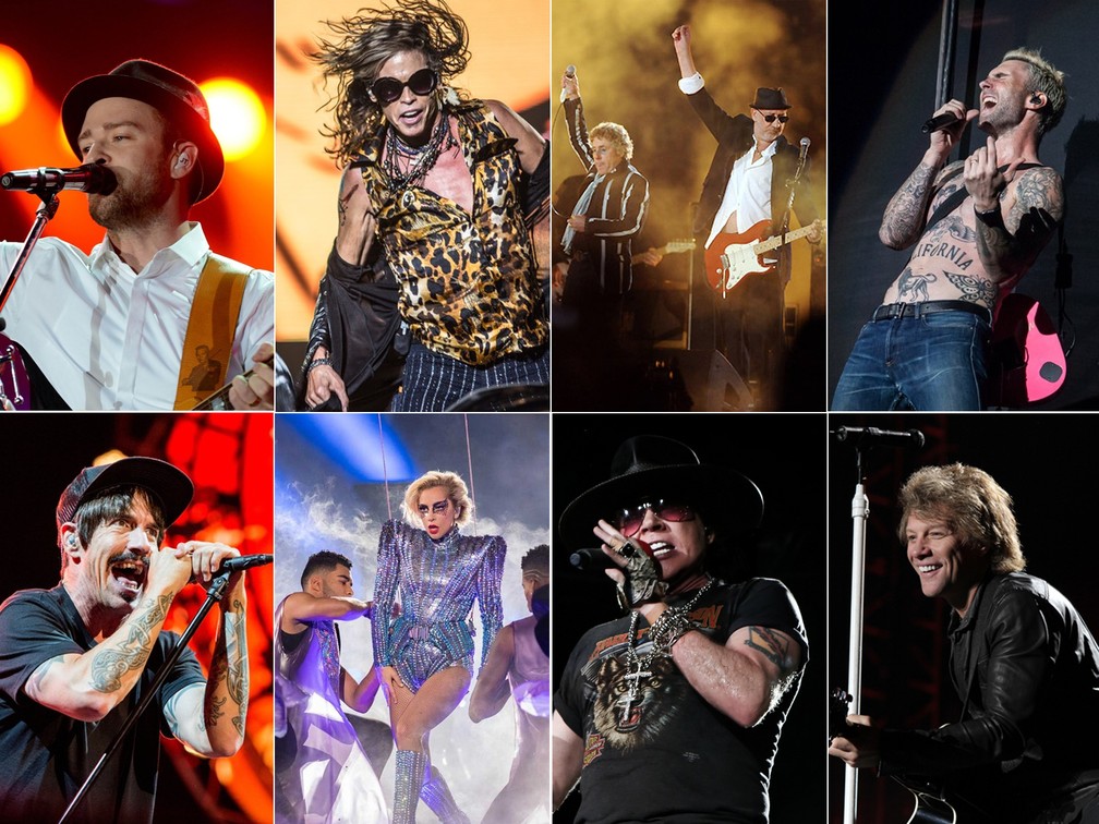 Headliners do Rock in Rio 2017: Justin Timberlake, Aerosmith, The Who, Maroon 5, Red Hot Chili Peppers, Lady Gaga, Guns N' Roses e Bon Jovi (Foto: G1 e Divulgação)