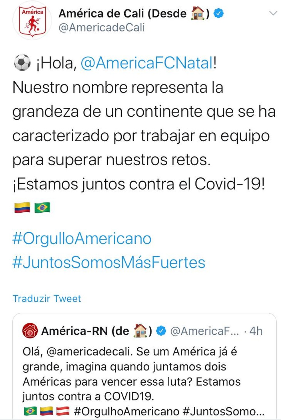 América-RN e América de Cali interagem no Twitter — Foto: Reprodução