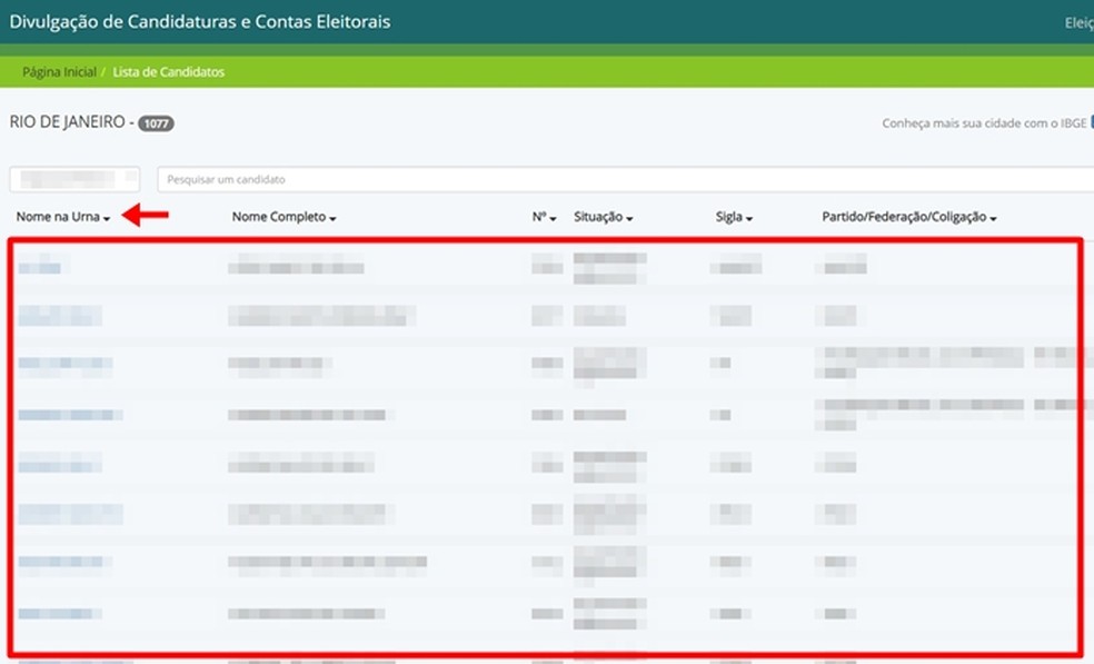 Após acessar a lista de nomes dos candidatos, eleitor pode escolher um para visualizar mais detalhes — Foto: Reprodução/Gabriela Andrade