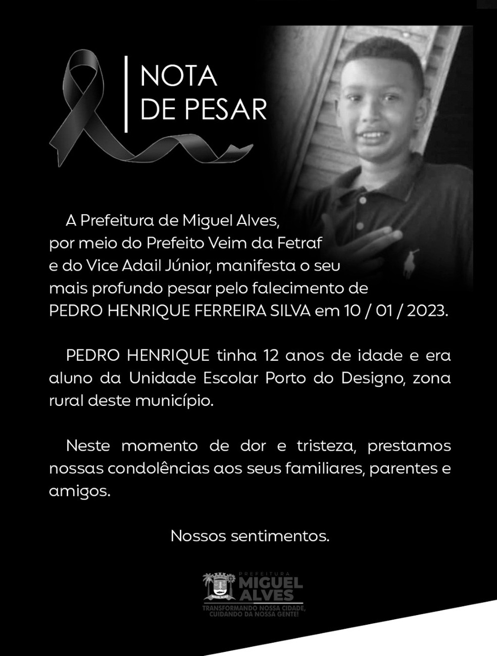 Menino de 12 anos morre oito dias após ser espancado em Miguel Alves, no Piauí — Foto: Prefeitura de Miguel Alves/ Divulgação