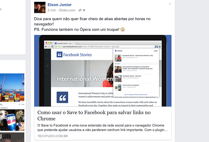 Post será publicado no Facebook sem que usuário precise trocar de aba no Chrome (Foto: Reprodução/Elson de Souza)