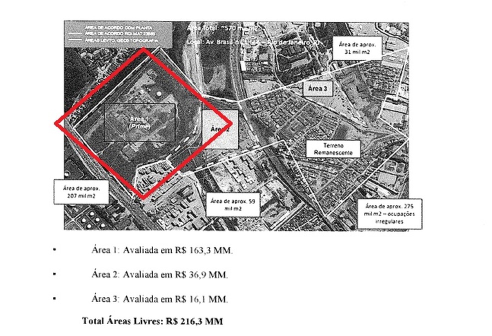 Plano de recuperação judicial da empresa envolve vendas de terrenos. Em vermelho, a área que interessa ao Flamengo (Foto: Reprodução processo: 0116330-24.2013.8.19.0001 - 7ª Vara Empresarial TJRJ)