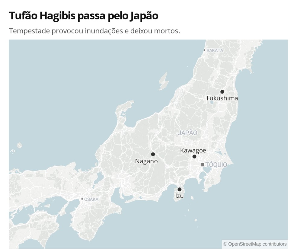 Mapa mostra cidades atingidas pela passagem do Tufão Hagibis no Japão — Foto: Letícia Macedo/ G1