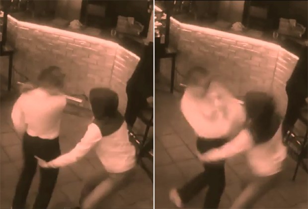 Câmeras de segurança do bar flagraram o momento em que garçonete usou o cardápio para se vingar de cliente que a assediou (Foto: Reprodução / YouTube)
