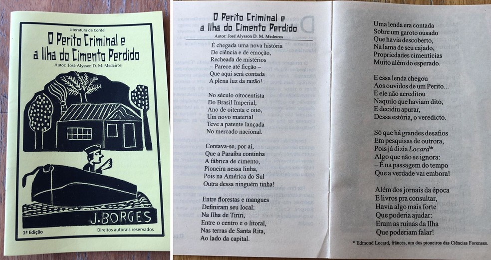 Capa e trechos do cordel escrito pelo pesquisador — Foto: Alysson Medeiros/Acervo pessoal