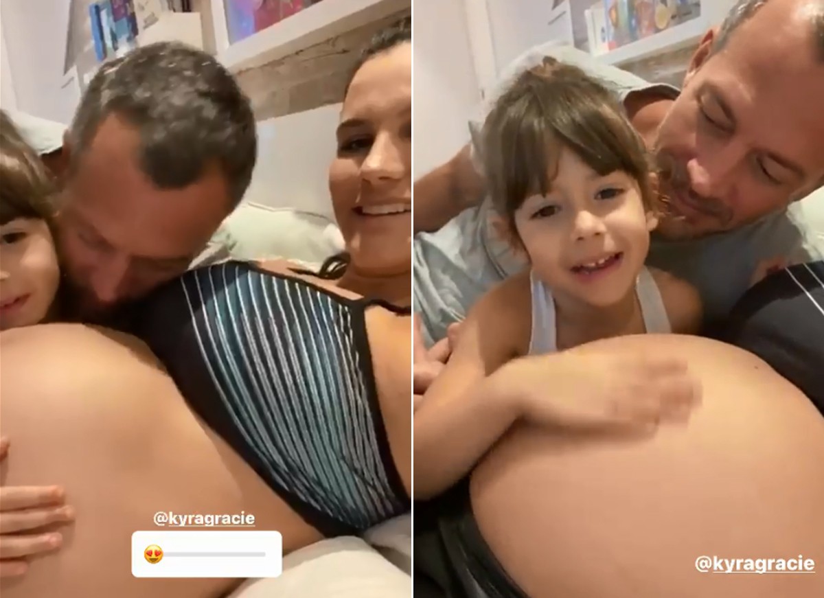 Malvino Salvador e a filha paparicam barrigão de gravidez de Kyra Gracie