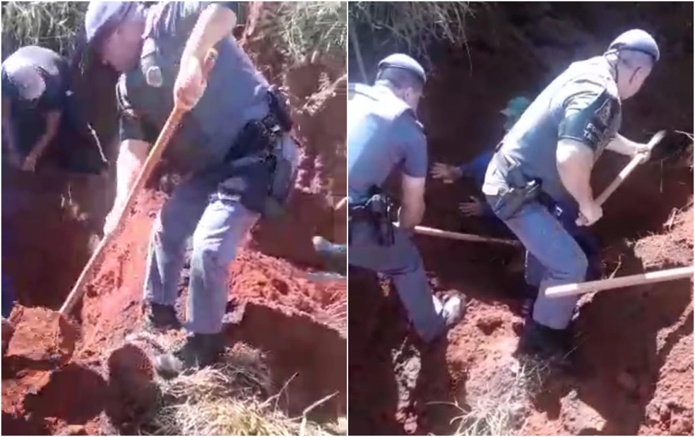 Idoso é soterrado durante desmoronamento de terra em Cerqueira César  — Foto: Polícia Militar/ Divulgação 