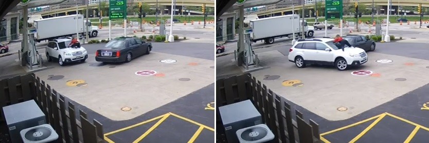 Melissa Smith sobe no capô do seu carro para impedir roubo