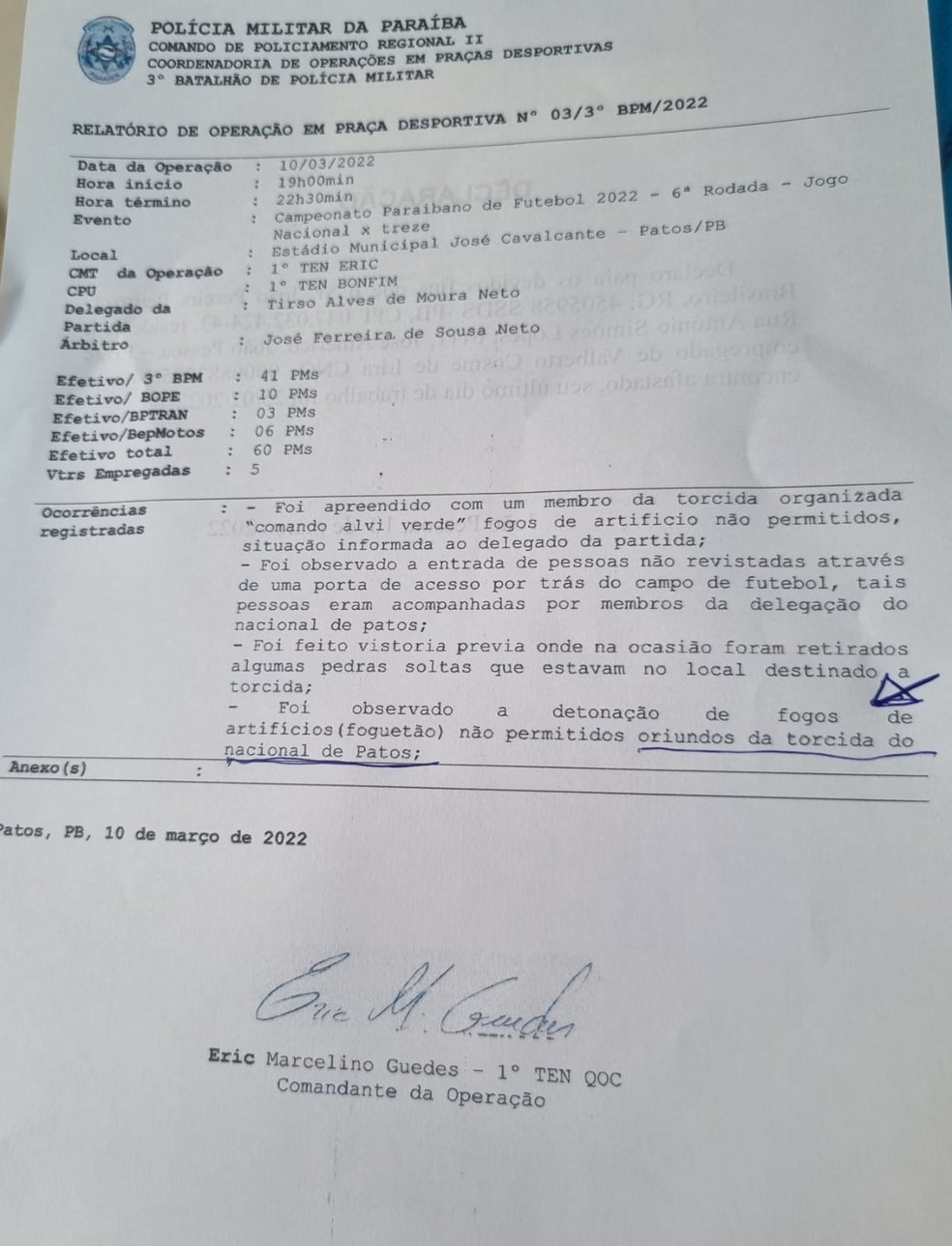 Relatório da PM do jogo — Foto: Reprodução