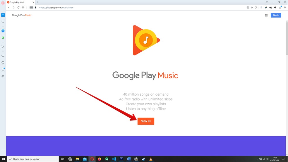 Acesse a versão web do Google Play Music e realize login — Foto: Reprodução/Filipe Garrett