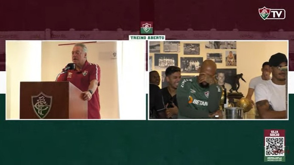 Jogadores riem após discurso de Abel Braga no Fluminense — Foto: Reprodução / FluTV