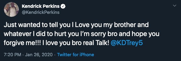 O tuíte de Kendrick Perkins pedindo desculpas públicas a Kevin Durant após a morte de Kobe Bryant (Foto: Twitter)