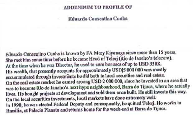 Documento aponta que Eduardo Cunha mantinha US$ 5 milhões em contas no exterior (Foto: Reprodução)