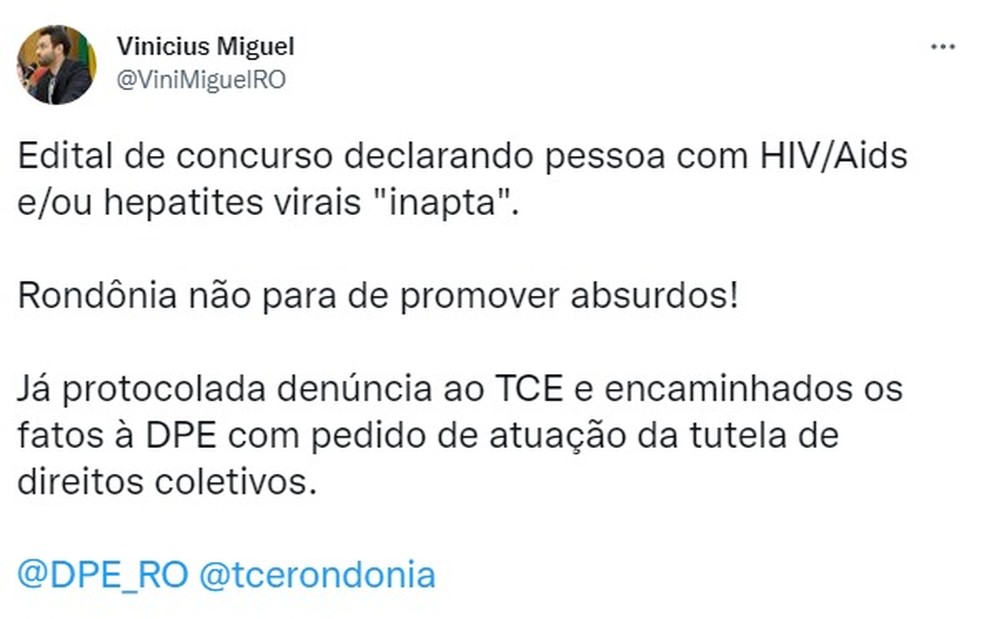 Vinícius Miguel usa as redes sociais para denunciar o edital do concurso do Corpo de Bombeiros de RO. — Foto: Reprodução/Twitter