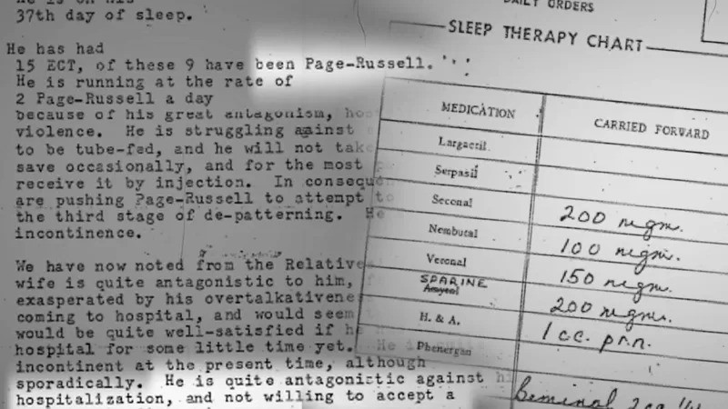 Relato de um paciente em seu 37° dia de sonho químico; ele havia recebido 15 eletrochoques e drogas por resistir ao tratamento. (Foto: BBC News)
