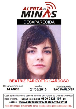 Atriz mirim Beatriz Parizotto é procurada em Belo Horizonte após desparecer de São Paulo (Foto: Divulgação/Polícia Civil de Minas Gerais)