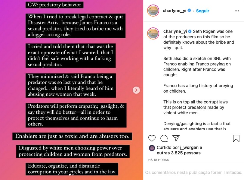 O post de Charlyne Yi com a acusação de suborno contra os produtores de Artista do Desastre (2017) (Foto: Reprodução)