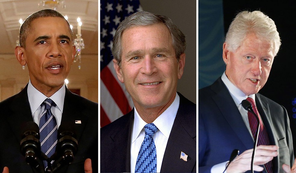 Montagem mostra os ex-presidentes dos Estados Unidos Barack Obama, George W. Bush e Bill Clinton — Foto: Reuters; Casa Branca; Jason DeCrow/Hult Prize Foundation via AP Images