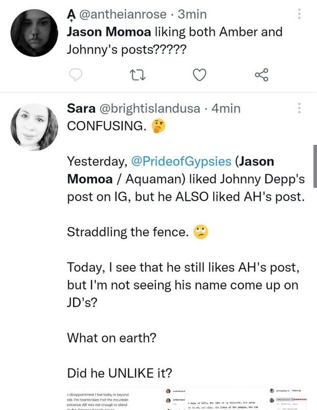 Jason Momoa curte postagens de Johnny Depp e Amber Heard e intriga web