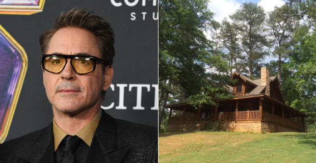 Robert Downey Jr. e a foto da cabana no anúncio (Foto: Getty Images/Airbnb)