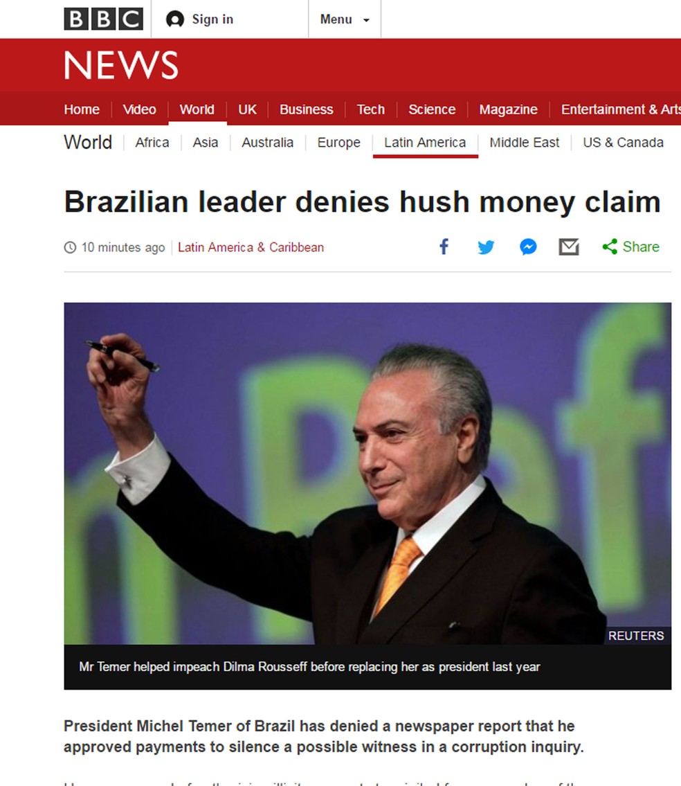 Britânica BBC afirmou que alegações contra Temer lançaram 'onda de choque' pelo país (Foto: Reprodução/BBC News)