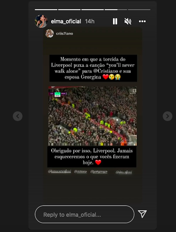 O post de uma das irmãs de Cristiano Ronaldo agradecendo a homenagem feita pela torcida do Liverpool (Foto: Instagram)