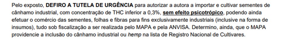 Trecho de decisão que autorizou empresa a cultivar cannabis — Foto: Reprodução