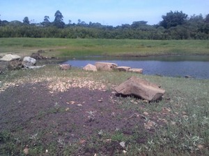 Com seca em represa, pedras que estavam em jardim de pintor estão aparecendo (Foto: José Carlos Domingues da Silva/arquivo pessoal)